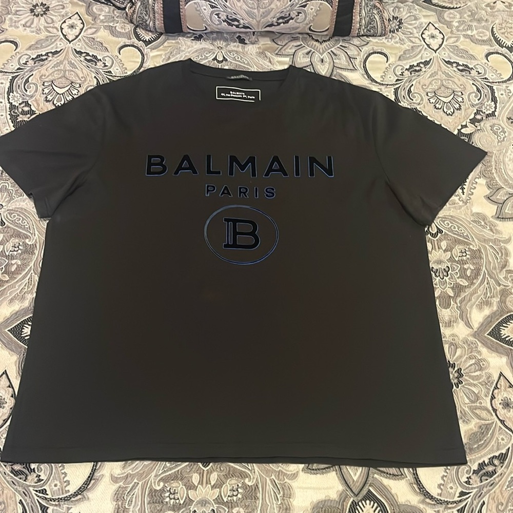 Balmain Black Short Sleeve Logo Tee with Navy Accents